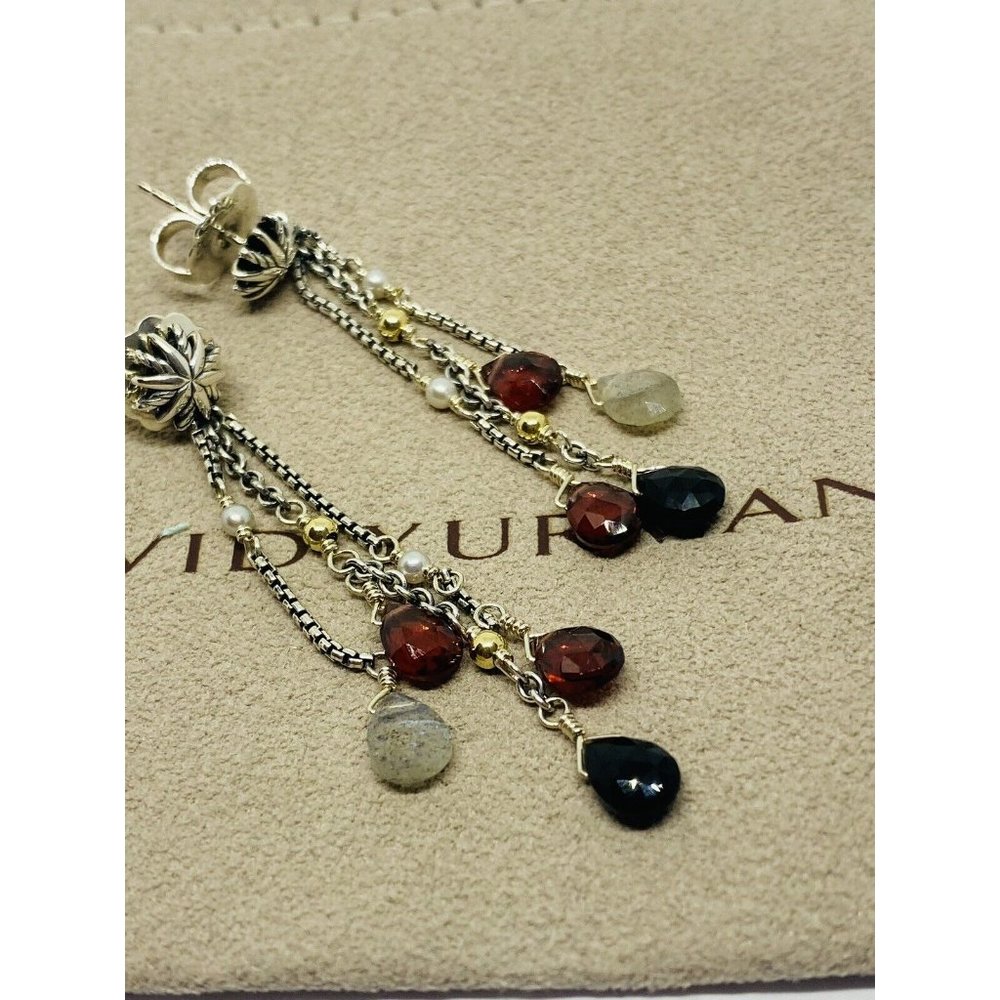 David Yurman Multi-Stone Pearl Sterling Silver Drop Earrings 18K 750 - Picture 3 of 12